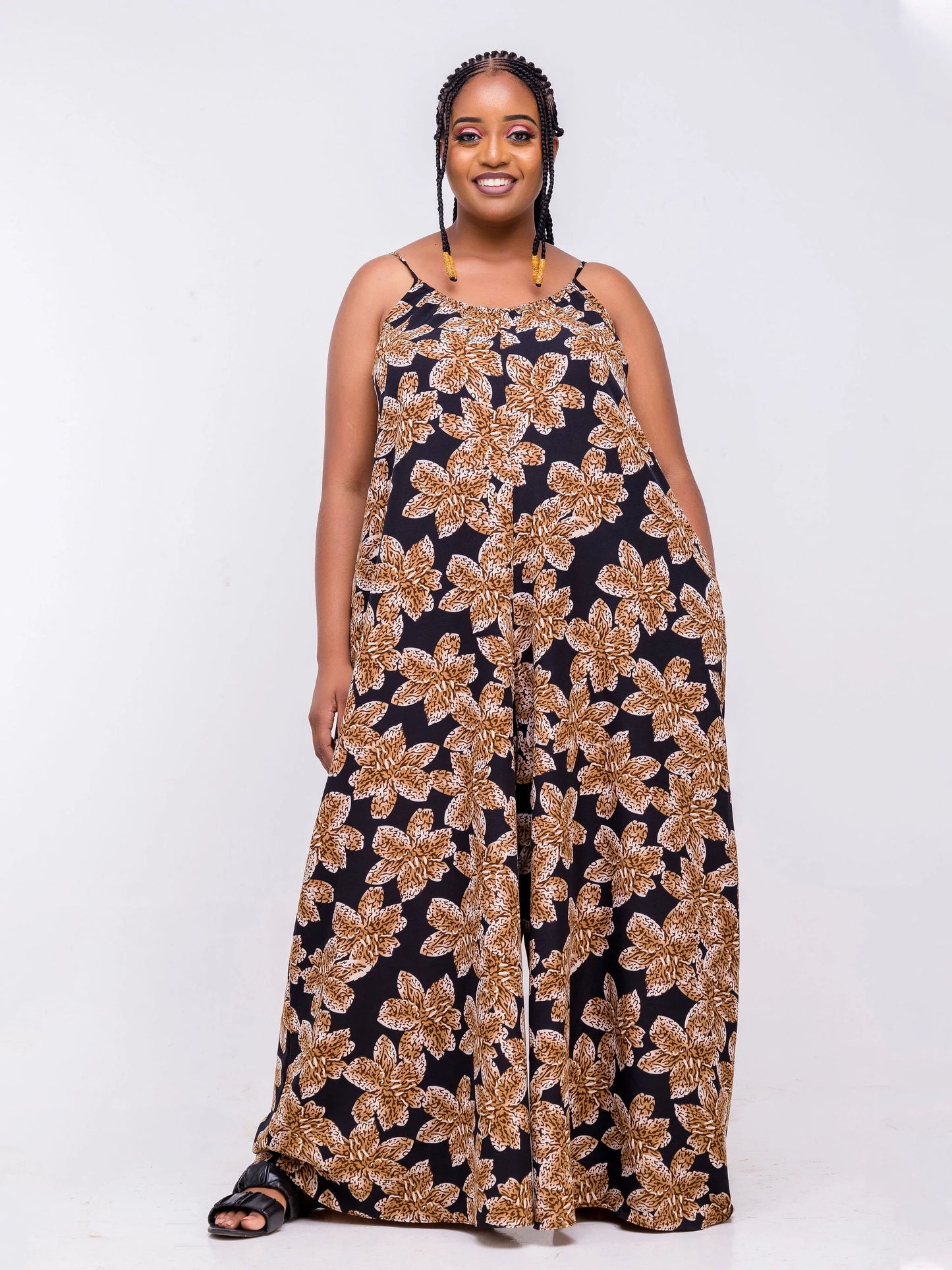 Vivo Zola Strappy Jumpsuit - Black / Brown Floral Print