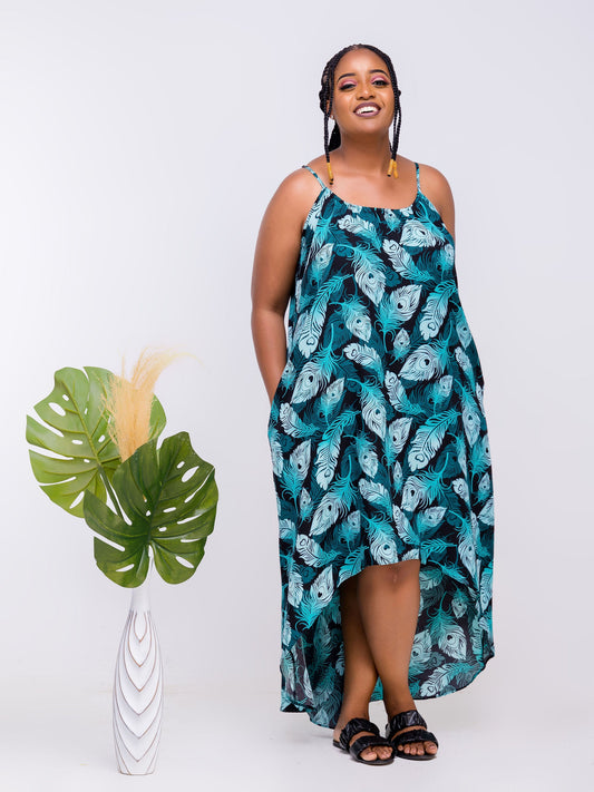 Vivo Zola Strappy High Low Maxi Dress - Black / Teal Abstract Print