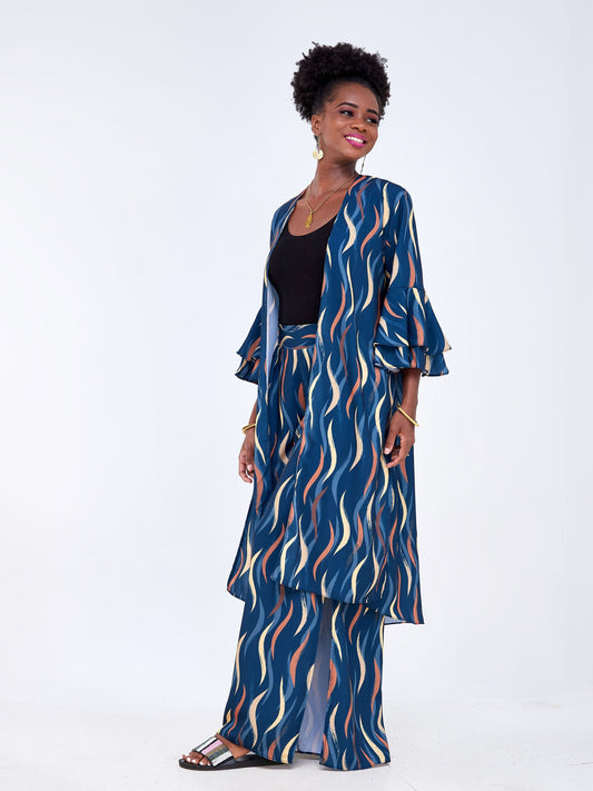 Vivo Luna 3/4 Sleeve Kimono - Teal / Brown Abstract Print