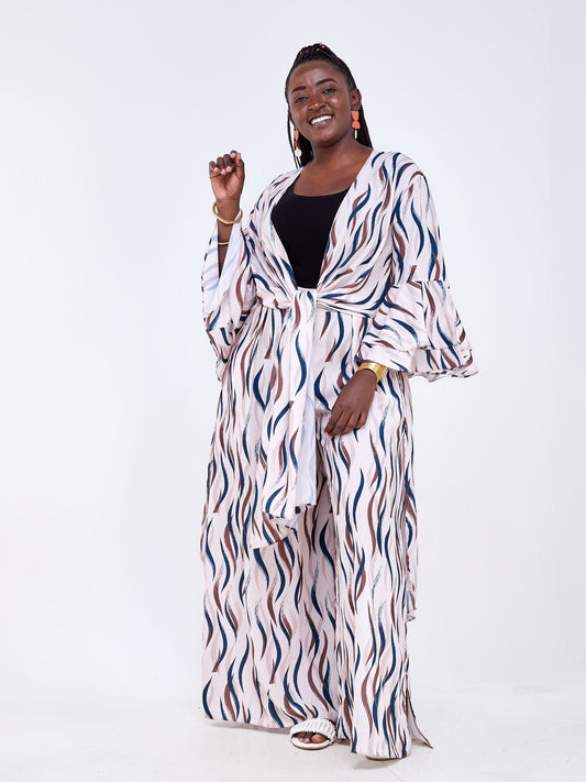 Vivo Luna 3/4 Sleeve Kimono - Beige / Dark Teal Abstract Print