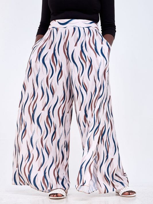 Vivo Luna Side Slit Pants - Beige / Dark Teal Abstract Print