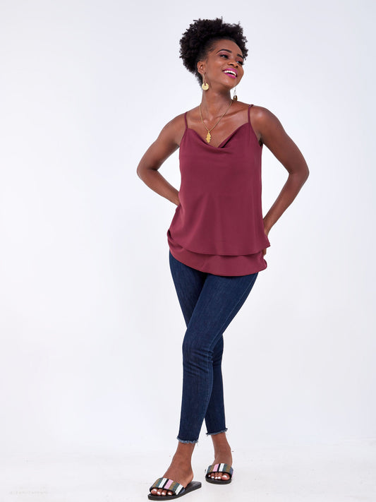 Vivo Luna Layered Cowl Top - Burgundy