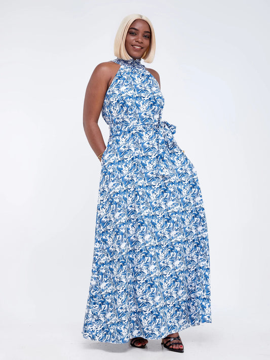 Vivo Alek Halter Neck Maxi Dress - Blue/White Abstract Print