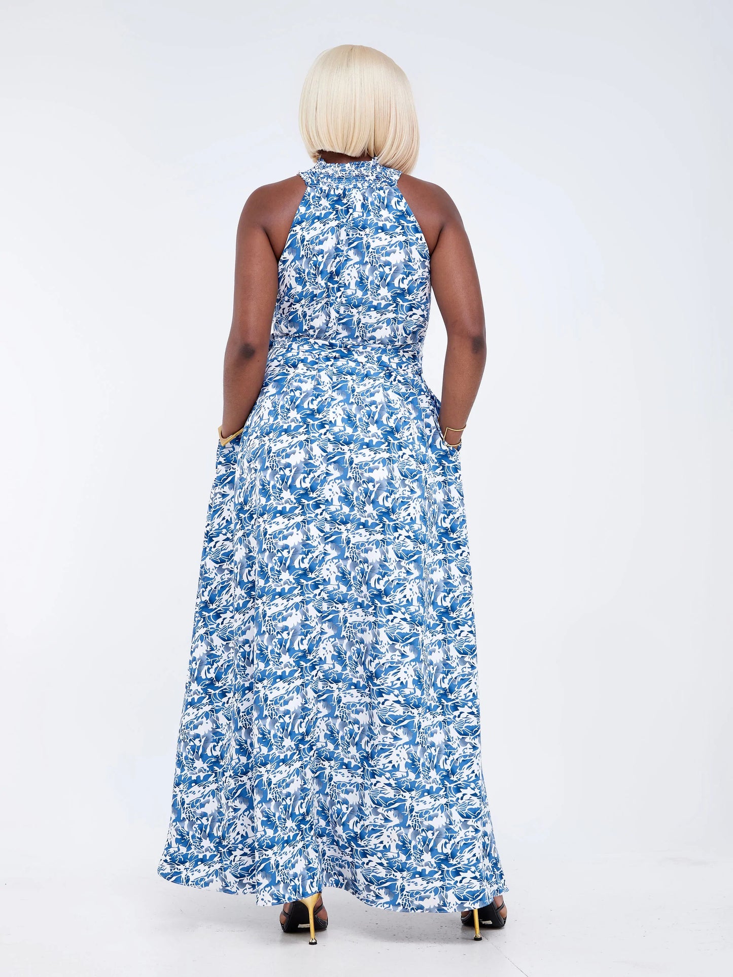 Vivo Alek Halter Neck Maxi Dress - Blue/White Abstract Print
