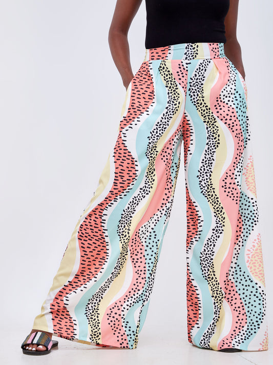 Vivo Basic Crepe Pants - White / Pink Abstract Print