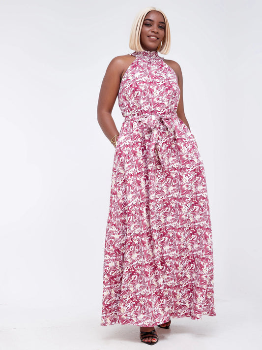 Vivo Alek Halter Neck Maxi Dress - Burgundy/White Abstract Print