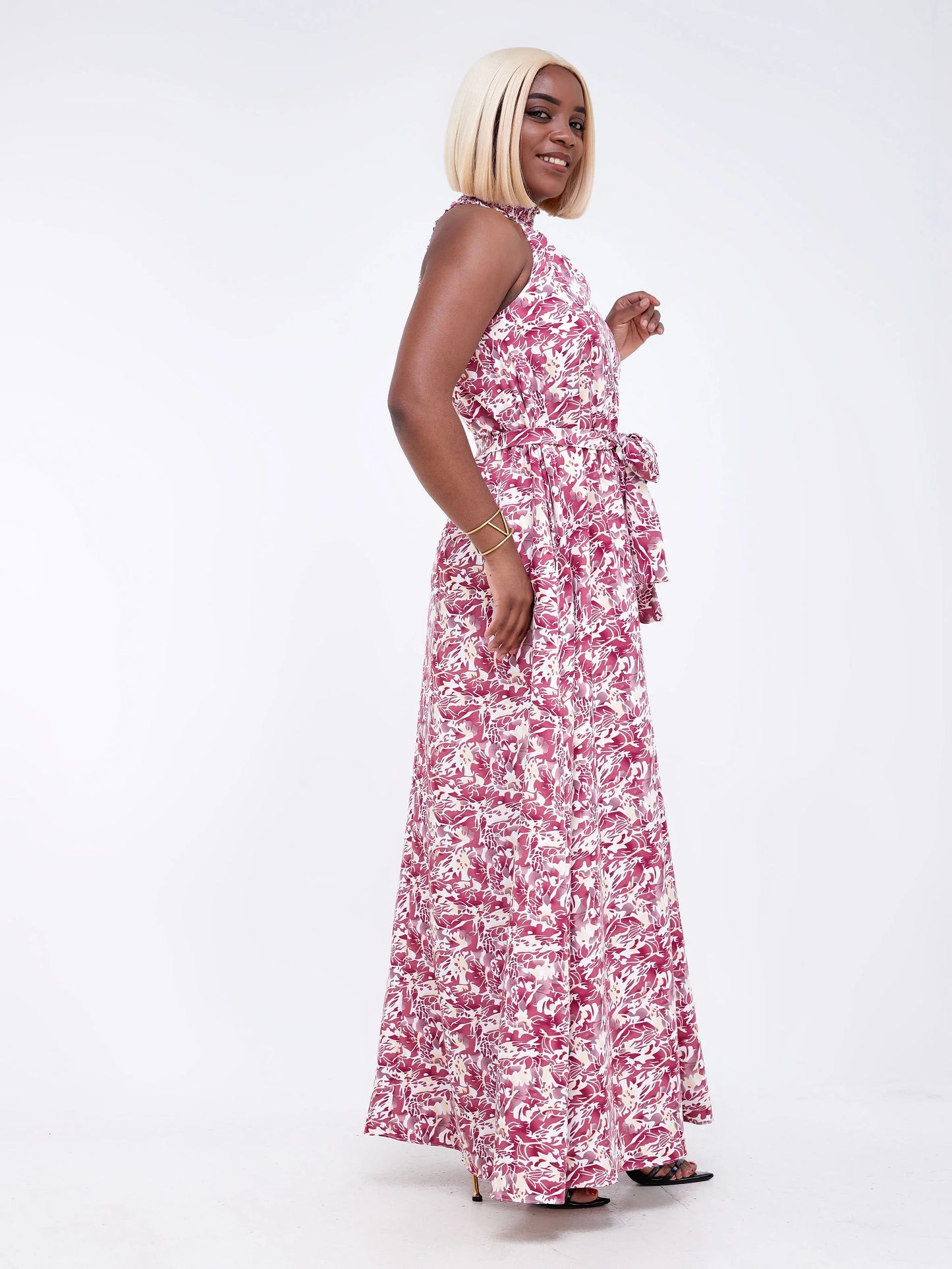 Vivo Alek Halter Neck Maxi Dress - Burgundy/White Abstract Print
