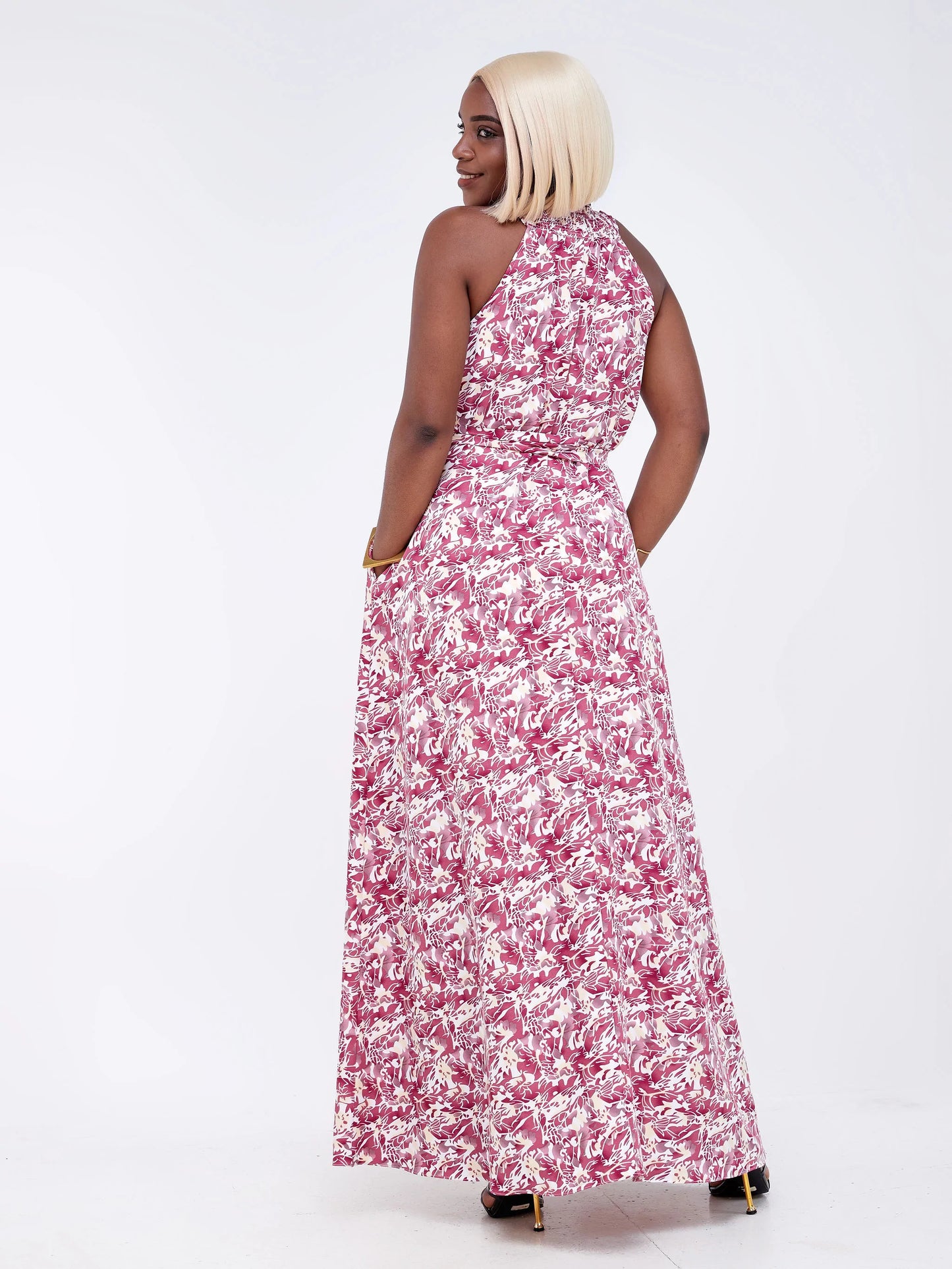 Vivo Alek Halter Neck Maxi Dress - Burgundy/White Abstract Print