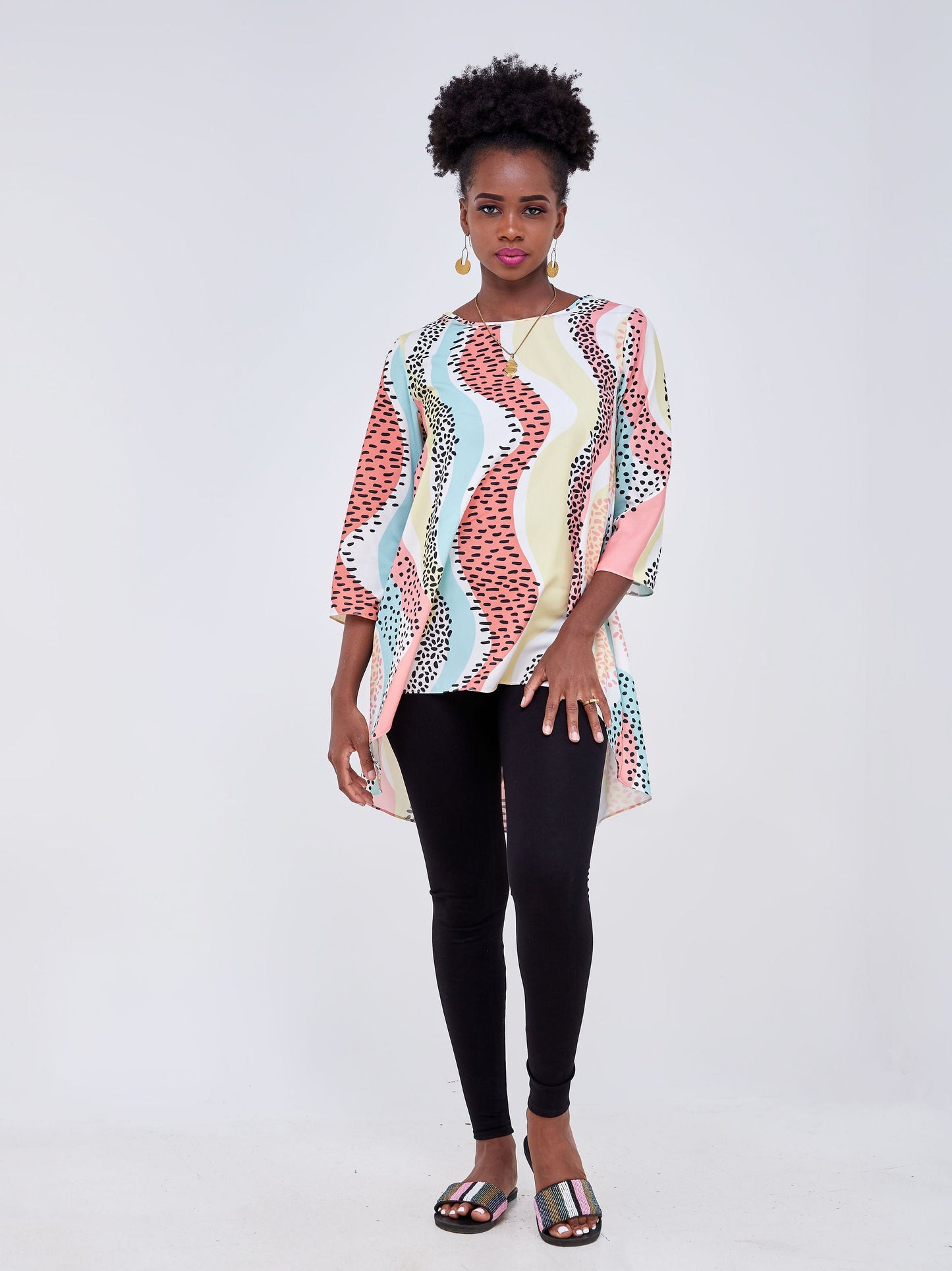 Vivo Luna 3/4 Sleeve High Low Top - White / Pink Abstract Print
