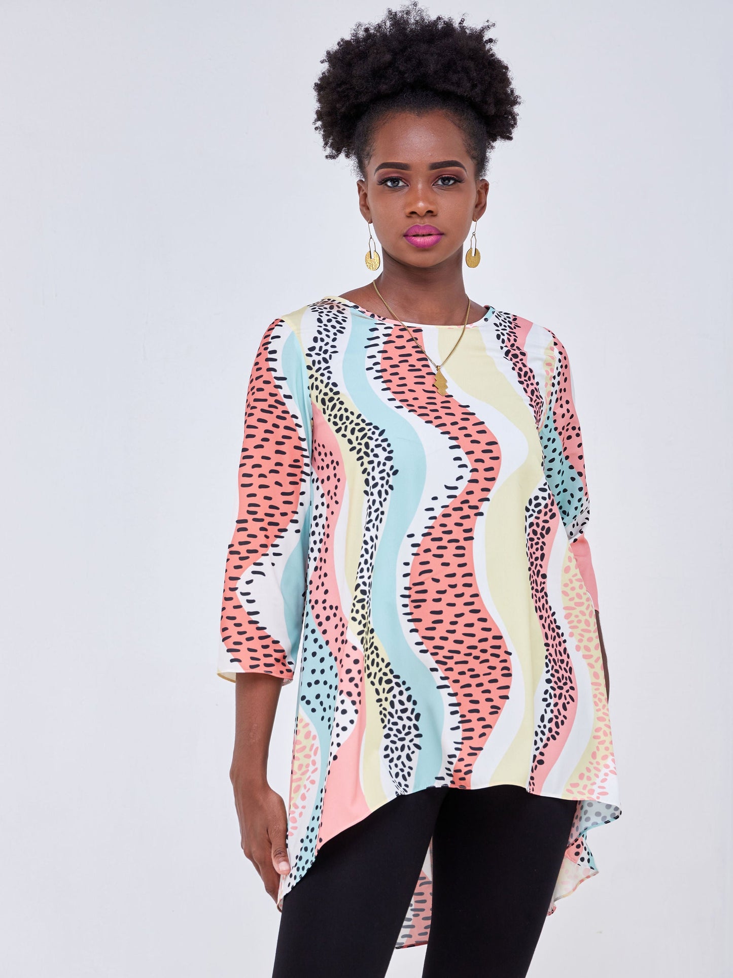 Vivo Luna 3/4 Sleeve High Low Top - White / Pink Abstract Print
