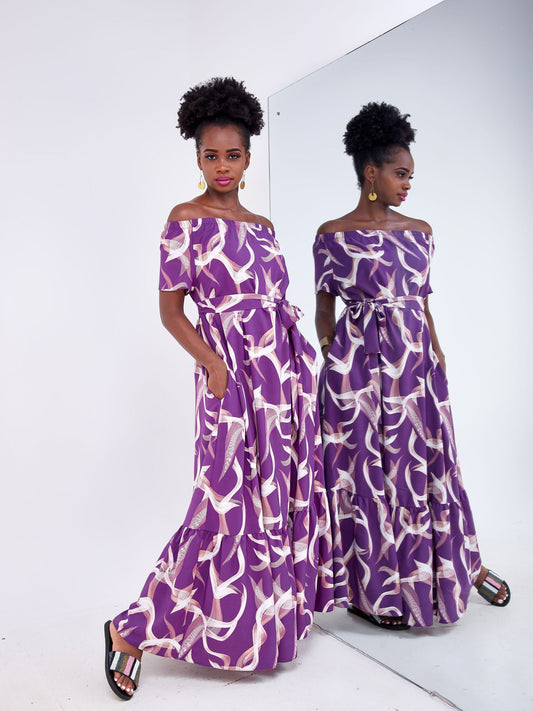 Vivo Luna Off Shoulder Tiered Maxi Dress - Purple / White Abstract Print