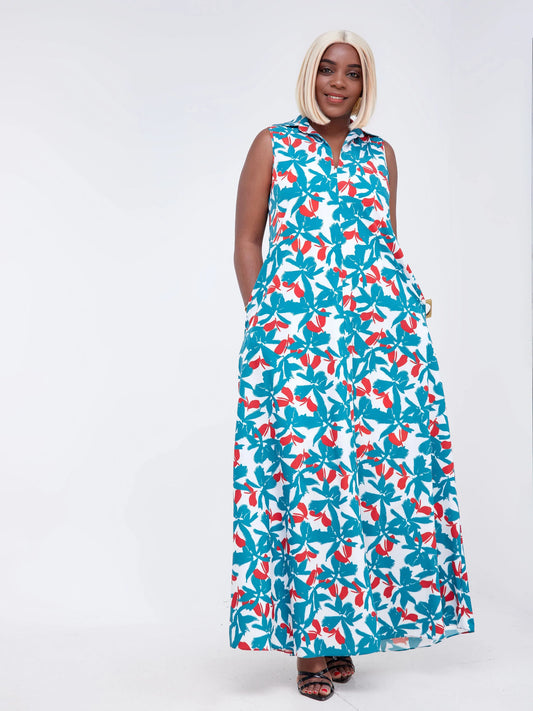 Vivo Zuri Sleeveless Tent Maxi Dress - Green / Rust Floral Print