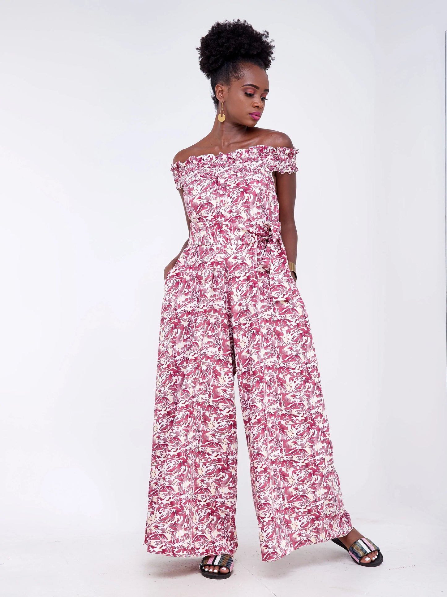 Vivo Alek Shirred Off- Shoulder Jumpsuit - Burgundy/White Abstract Print