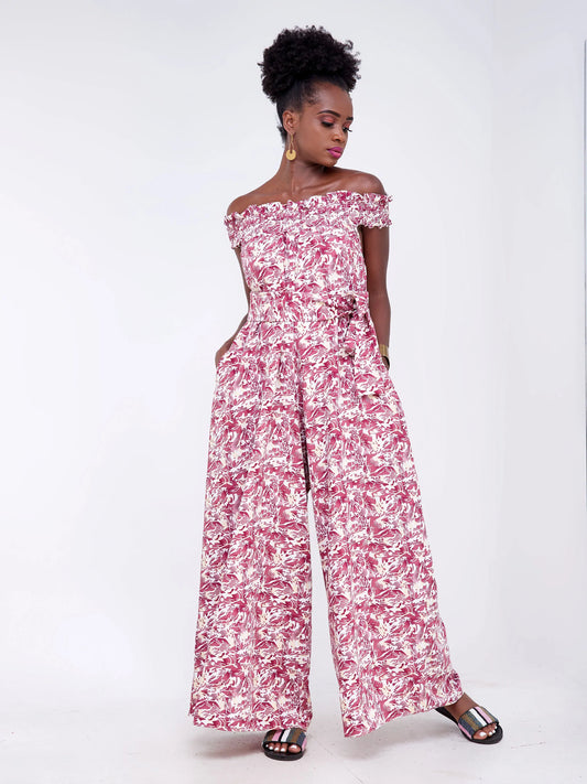 Vivo Alek Shirred Off- Shoulder Jumpsuit - Burgundy/White Abstract Print