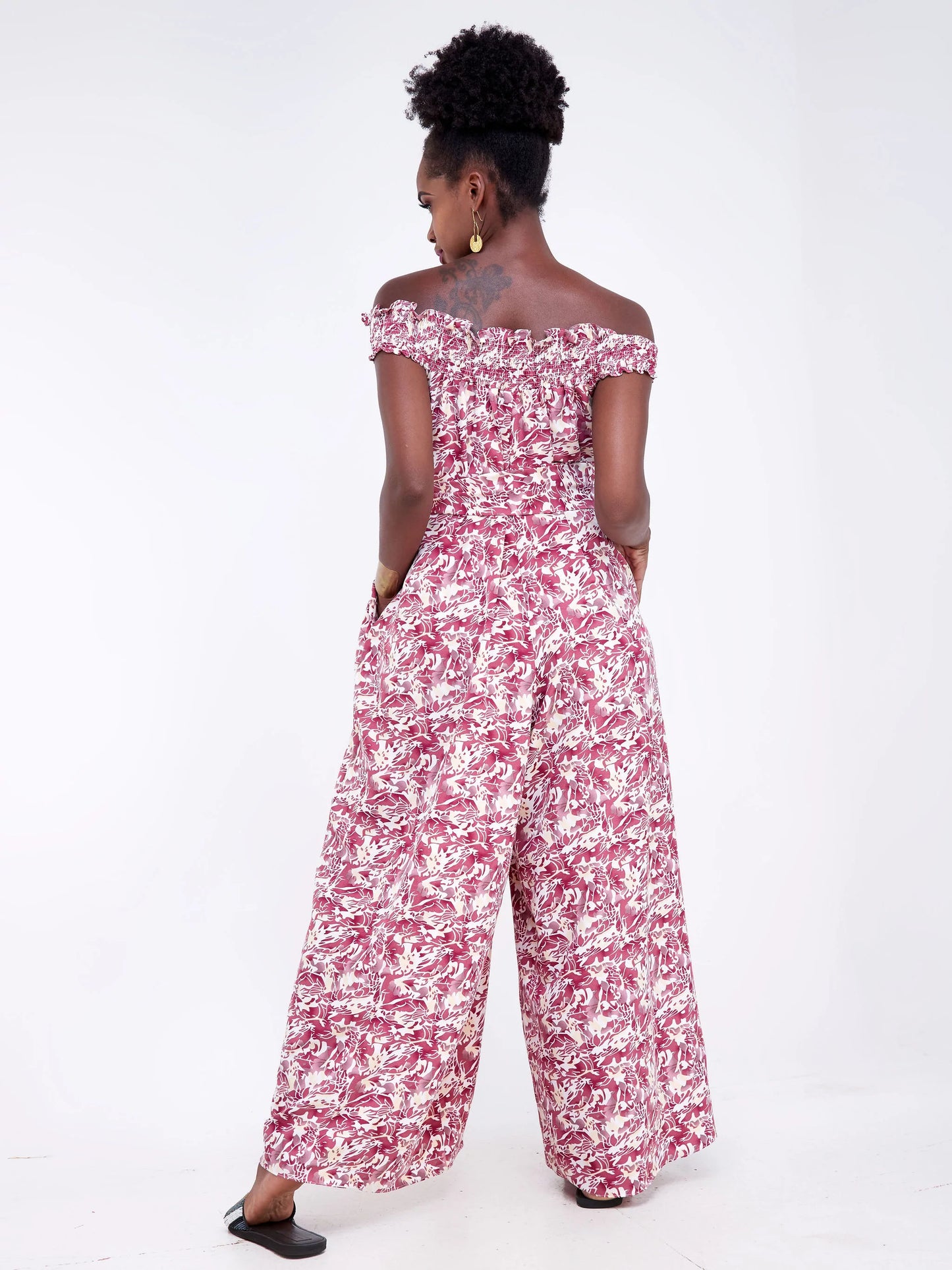 Vivo Alek Shirred Off- Shoulder Jumpsuit - Burgundy/White Abstract Print