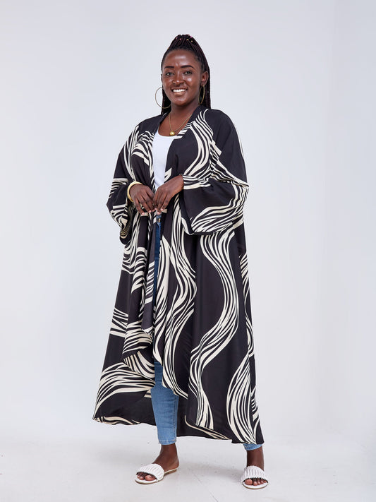 Vivo Luna High Low Kimono - Black / Cream Abstract Print