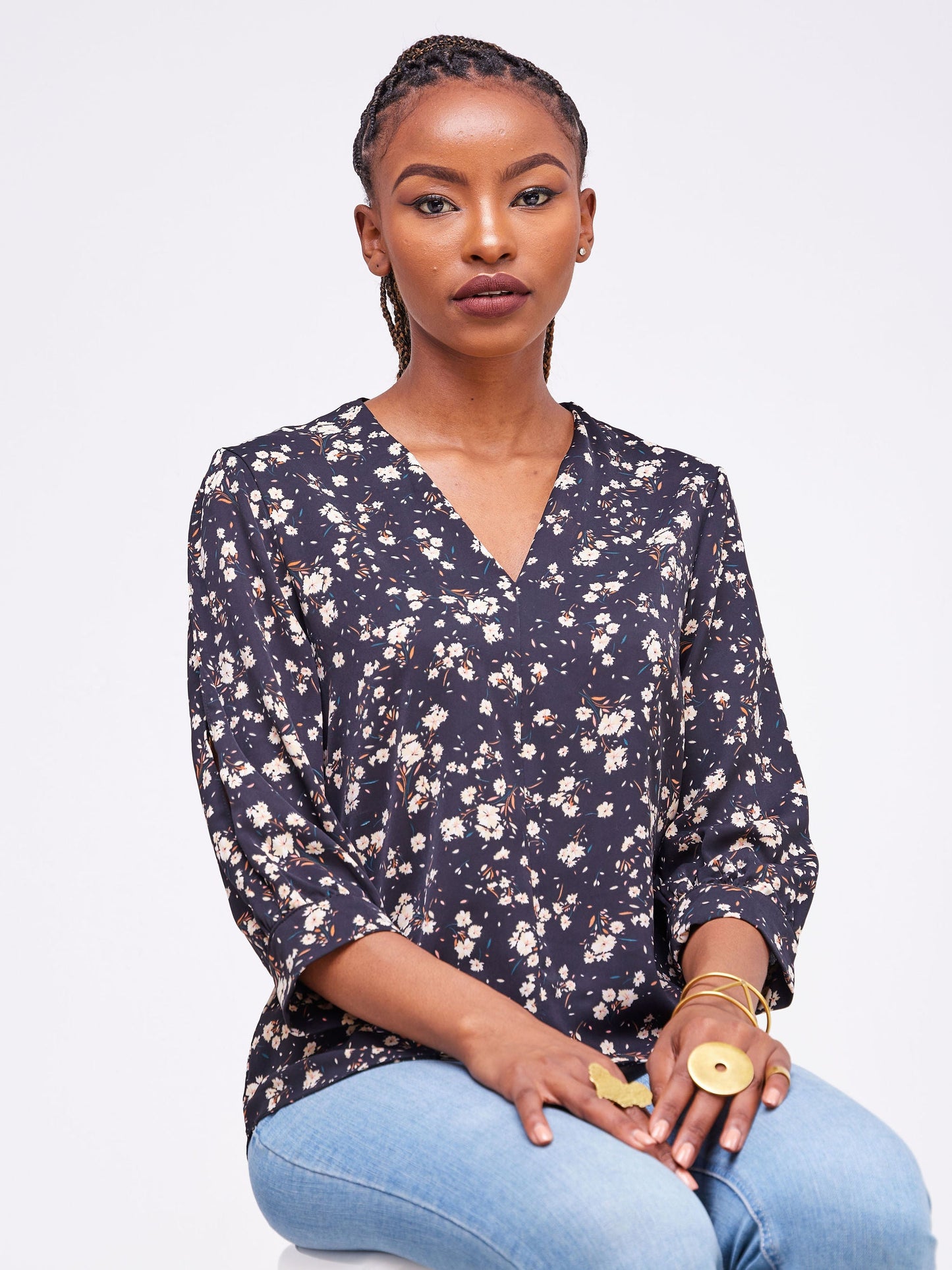 Vivo Jasiri 3/4 Cut Out Sleeve Top - Black / Cream Floral Print