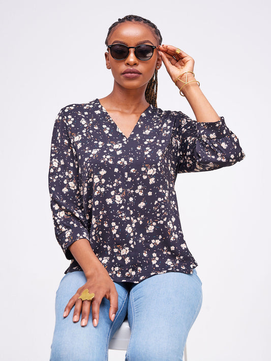 Vivo Jasiri 3/4 Cut Out Sleeve Top - Black / Cream Floral Print