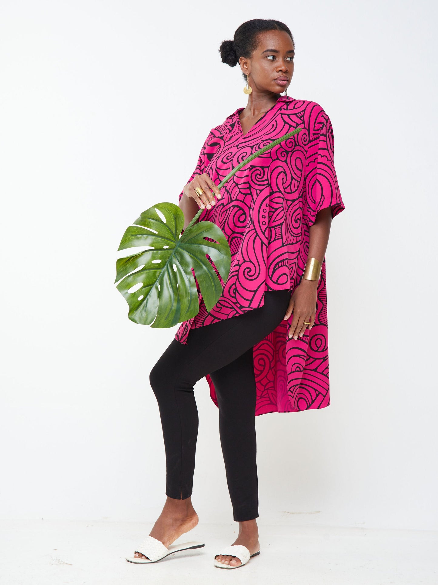 Vivo Nana High Low Tie Tunic - Pink / Black Abstract print