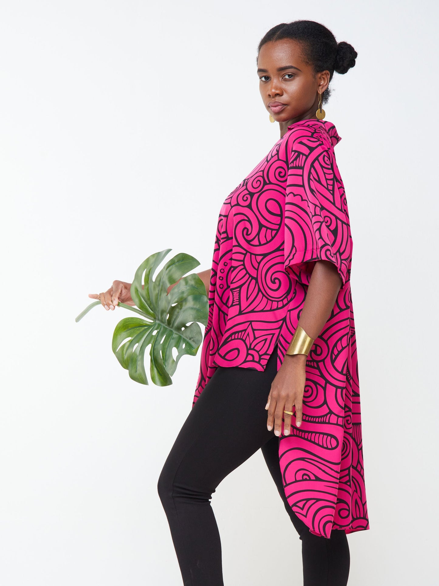Vivo Nana High Low Tie Tunic - Pink / Black Abstract print