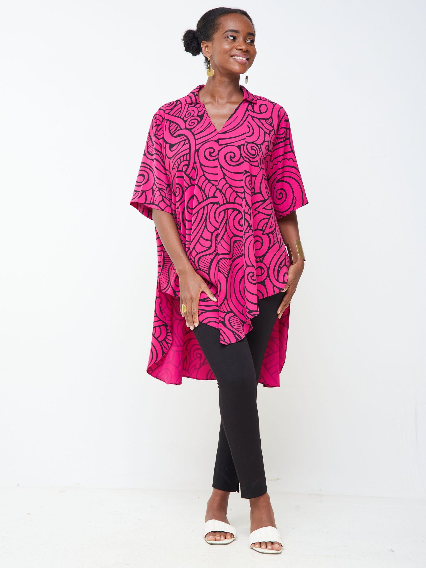 Vivo Nana High Low Tie Tunic - Pink / Black Abstract print