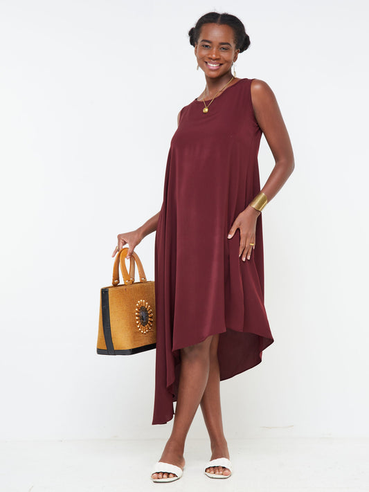 Vivo Nana Boat Neck Asymmetrical Dress - Burgundy
