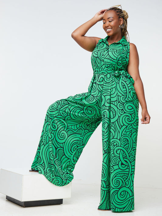 Vivo Nana Halter Tent Jumpsuit - Light Green / Black Abstract Print