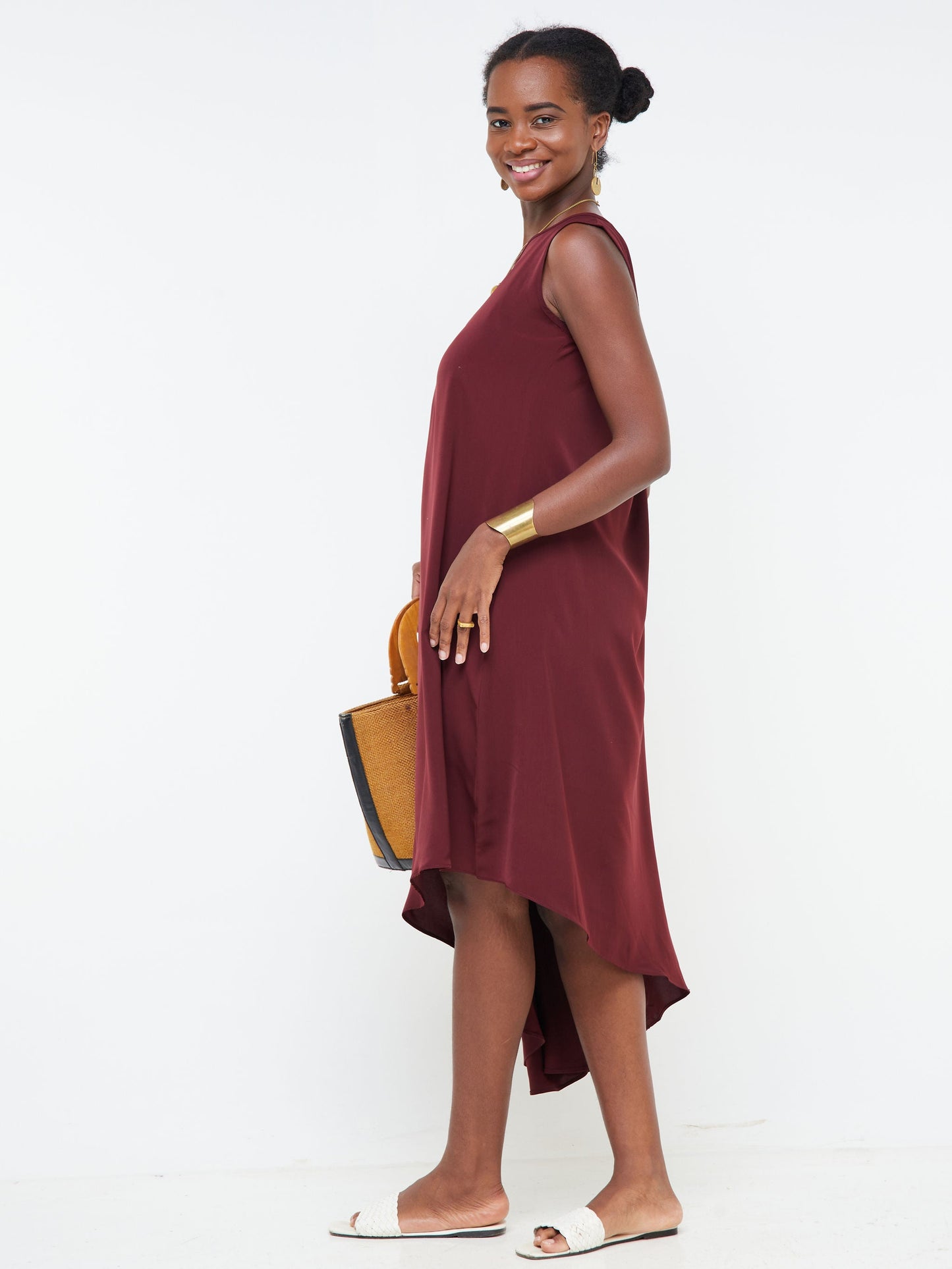 Vivo Nana Boat Neck Asymmetrical Dress - Burgundy