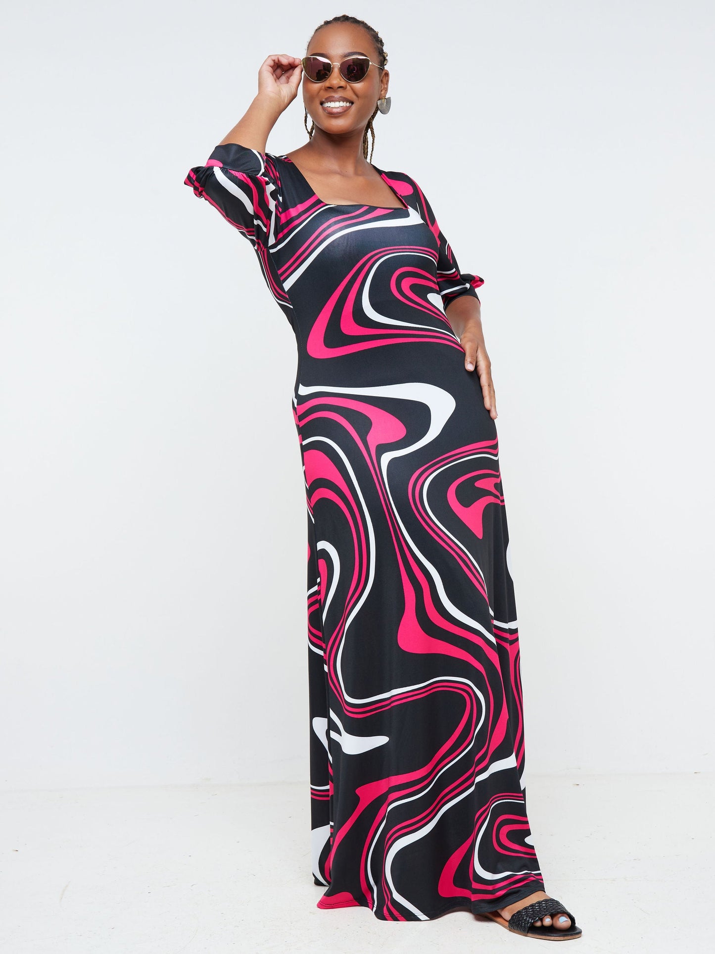 Vivo Nana Square Neck Maxi Dress - Black / Pink Abstract Print