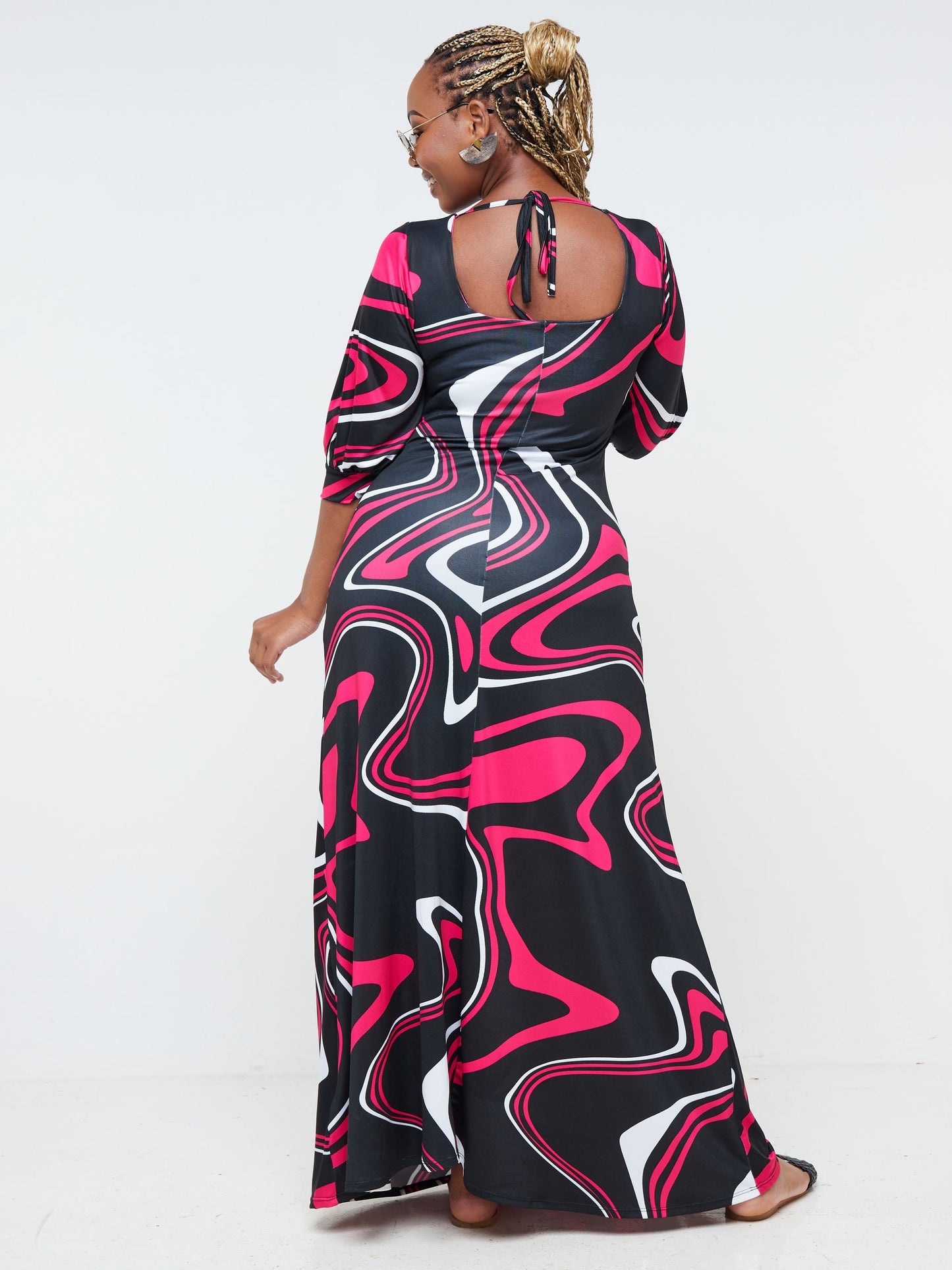 Vivo Nana Square Neck Maxi Dress - Black / Pink Abstract Print