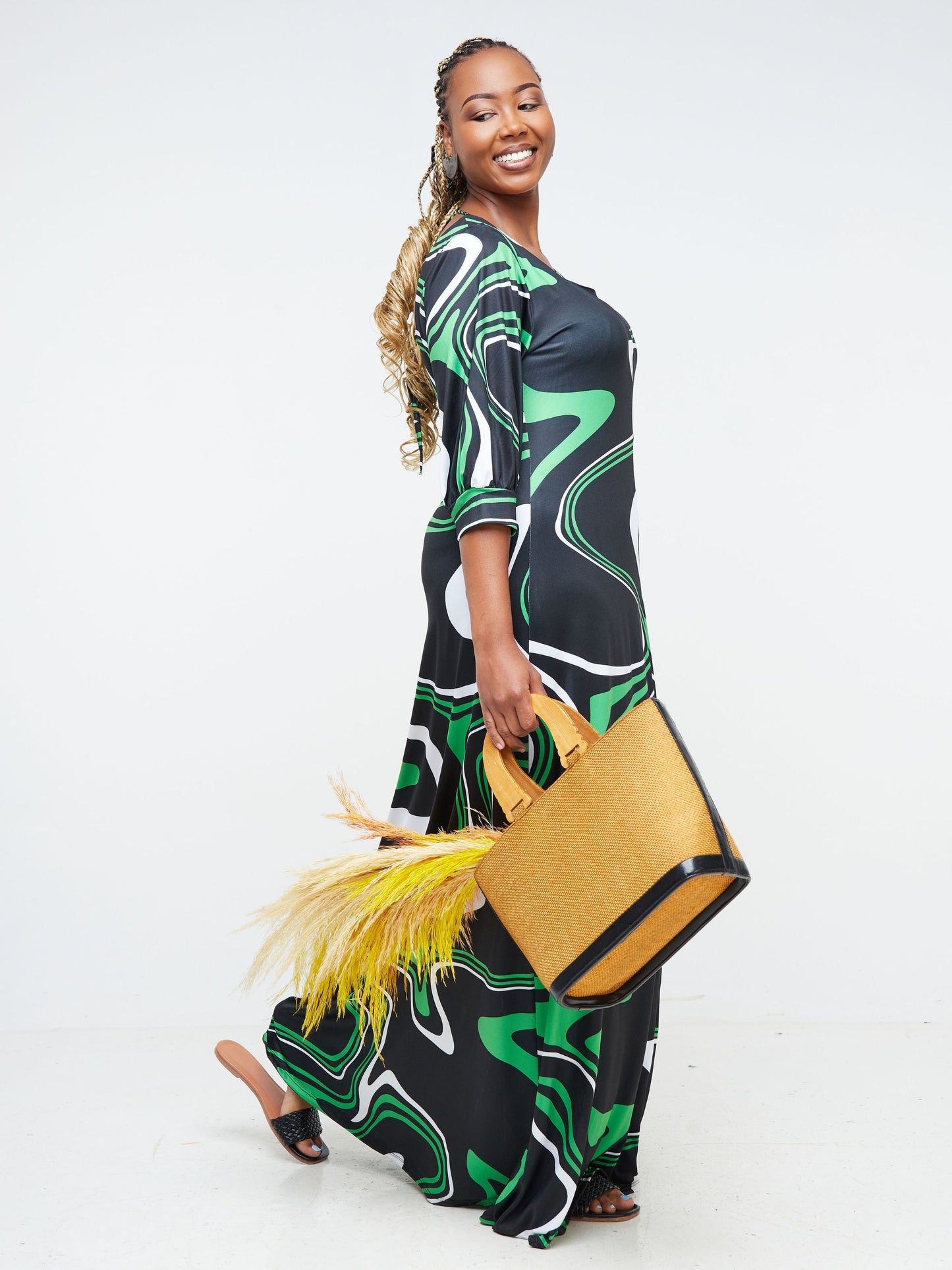 Vivo Nana Square Neck Maxi Dress - Black / Green Abstract Print