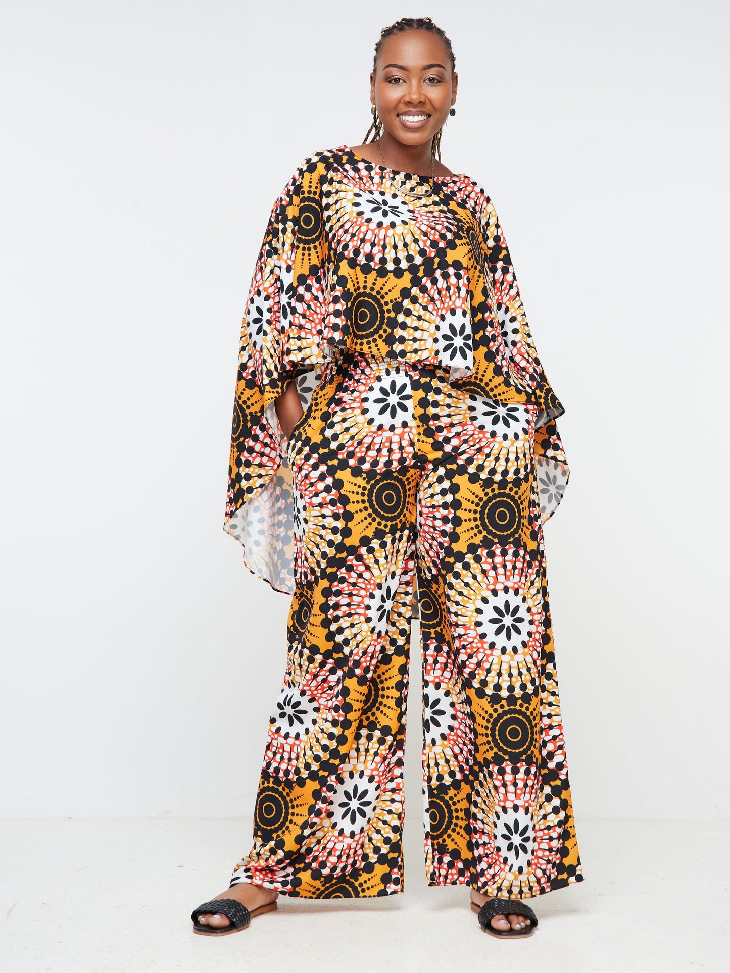 Vivo Sana Cape Top - Mustard / Orange Abstract Print