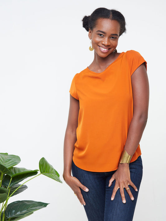 Vivo Basic Crepe Cap Sleeved Top - Rust