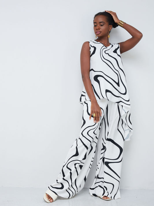 Vivo Nana Shirred Pants - Black / White Abstract Print