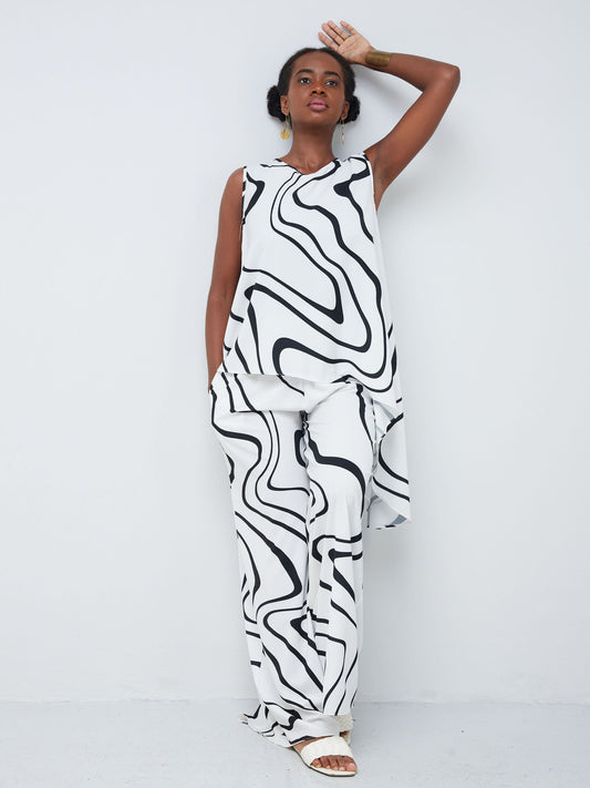 Vivo Nana Sleeveless Asymmetrical Top - Black / White Abstract Print