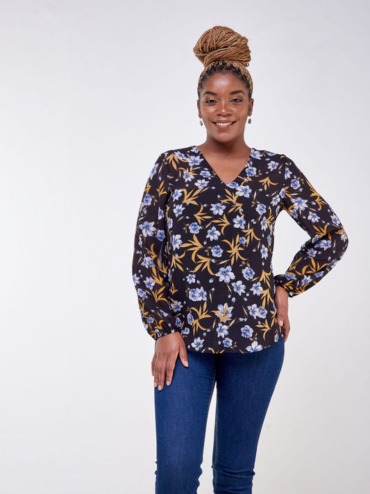 Vivo Tana Scalloped V-Neck Top - Black / Blue Floral Print