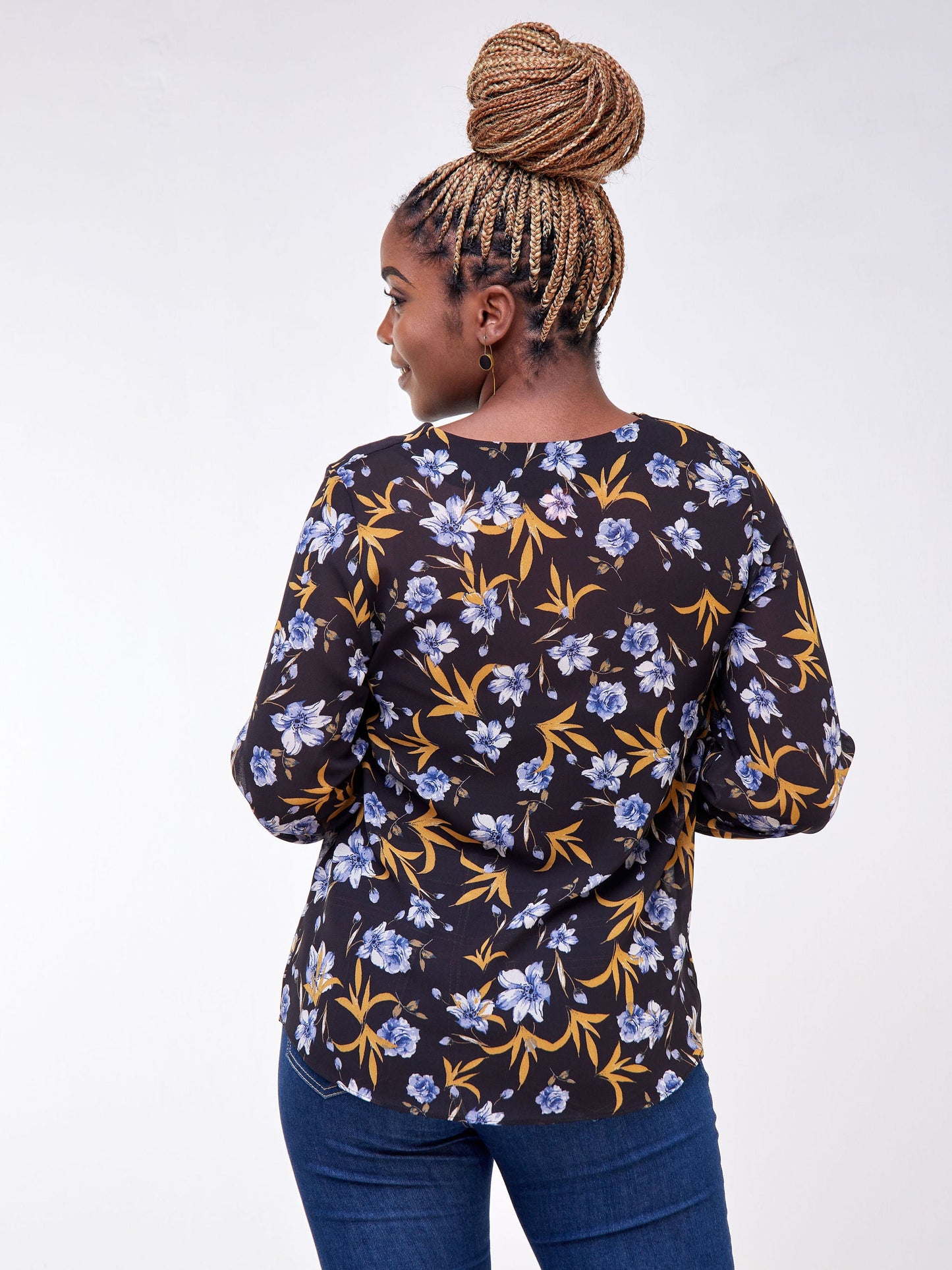 Vivo Tana Scalloped V-Neck Top - Black / Blue Floral Print
