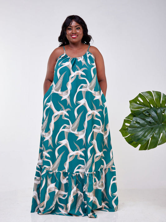 Vivo Luna Single Tiered Strappy Maxi Dress - Green / Taupe Abstract Print