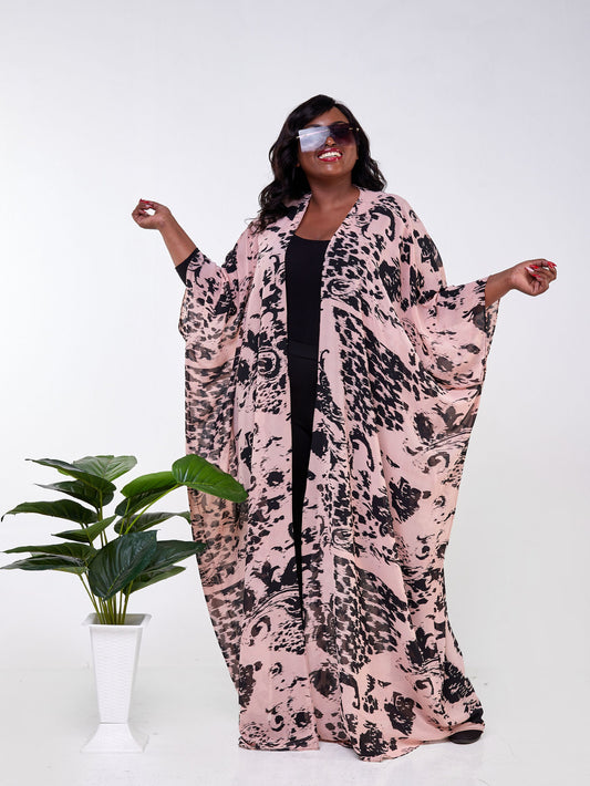 Vivo Muna Chiffon Kimono - Peach / Black Abstract Print