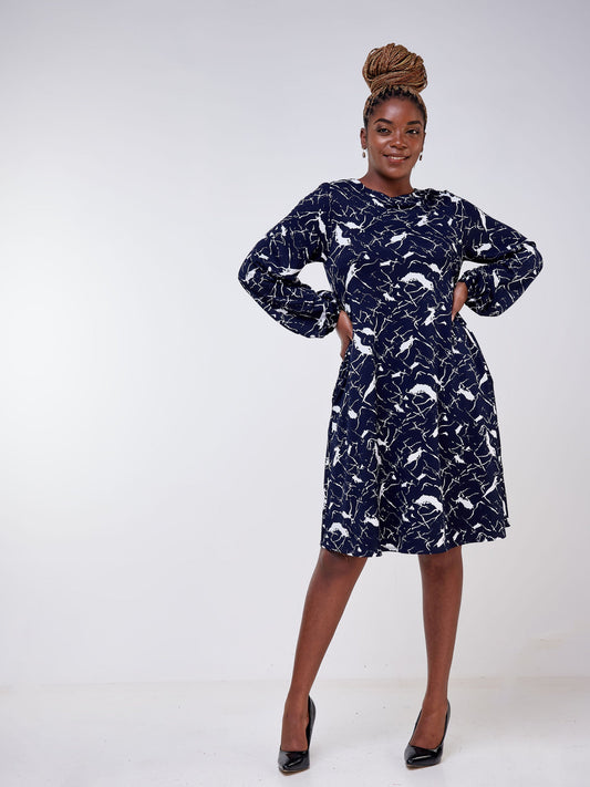 Vivo Jema Bishop Sleeve Tent Dress - Navy Blue / White Abstract Print