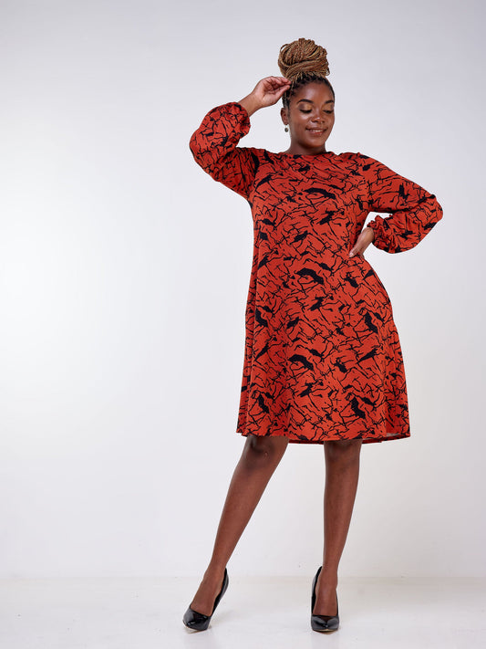 Vivo Jema Bishop Sleeve Tent Dress - Rust / Black Abstract Print