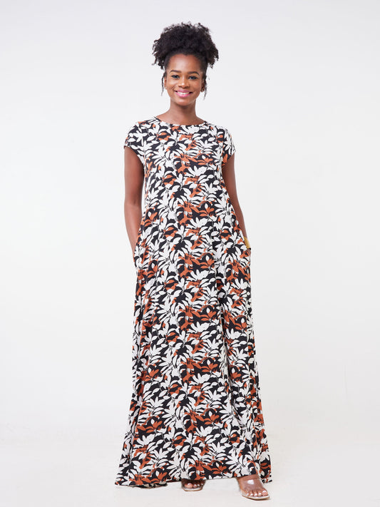 Vivo Basic Cap Sleeved Tent Maxi Dress - Chocolate / Black Abstract Print