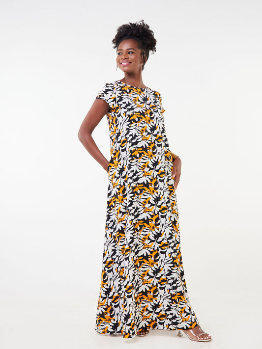 Vivo Basic Cap Sleeved Tent Maxi Dress - Mustard / Black Floral Print