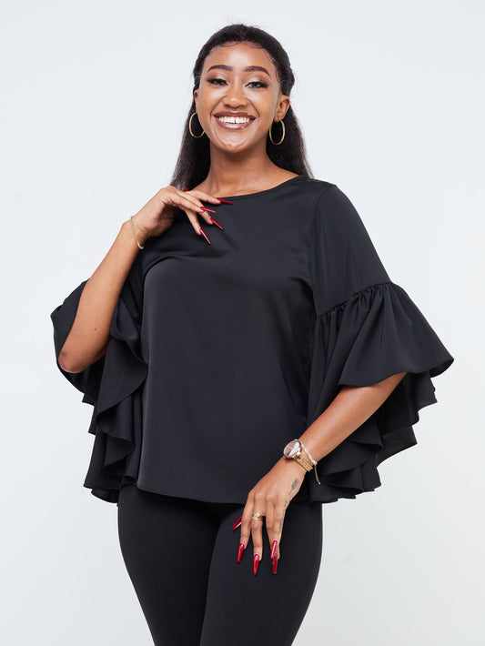 Vivo Thando 3/4 Flounce Sleeve Top - Black