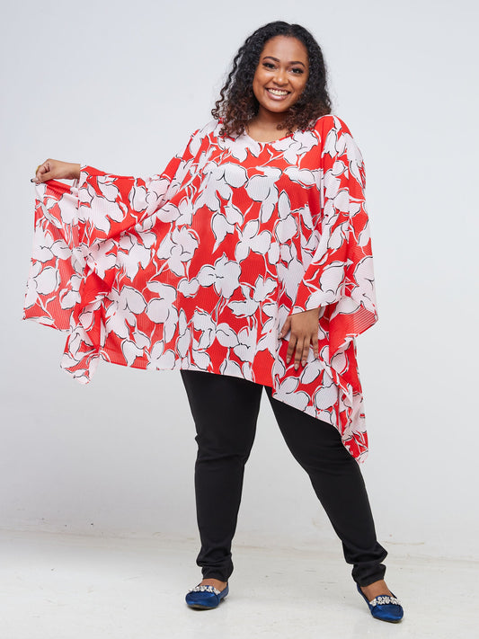 Vivo Basic Wide Loose Top - Red / Light Pink Floral Print