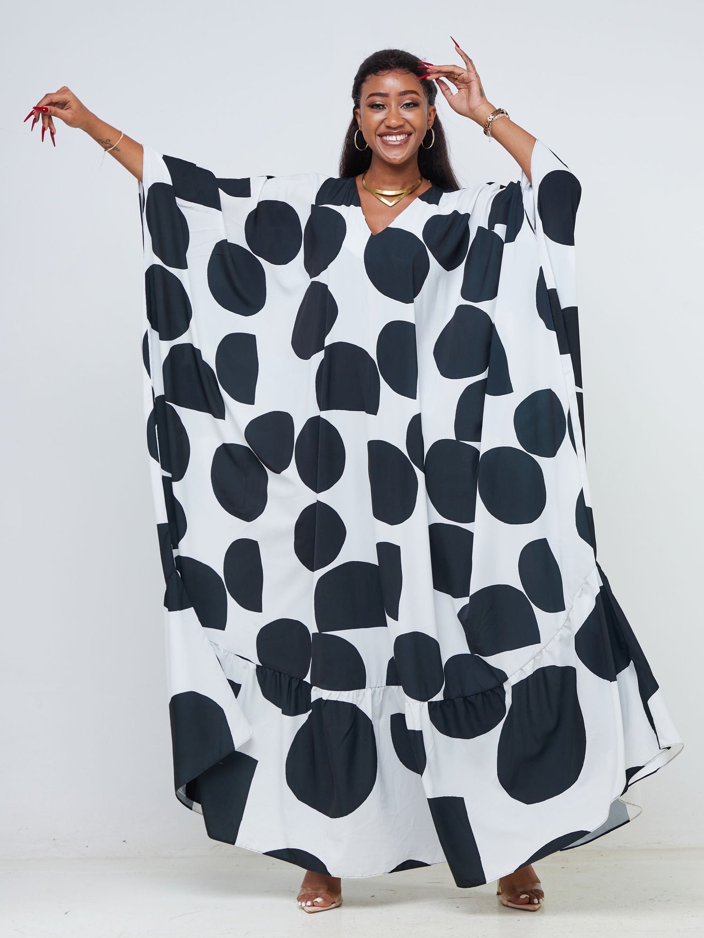 Vivo Adisa V-Neck Tiered Kaftan - Black / White Polka Dot Print