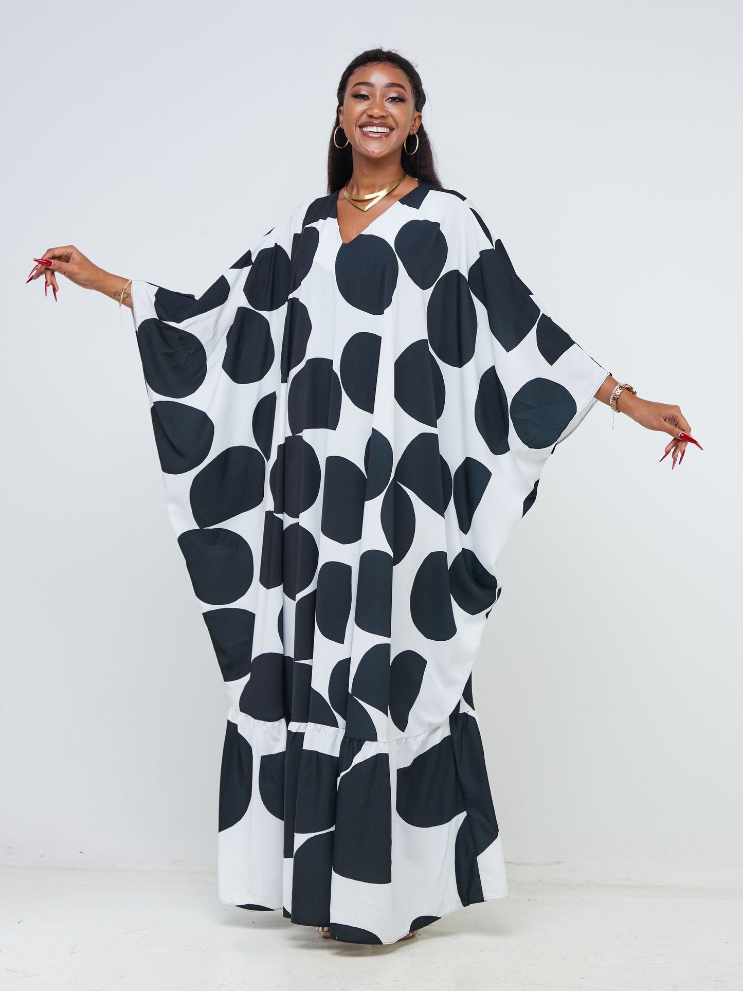 Vivo Adisa V-Neck Tiered Kaftan - Black / White Polka Dot Print