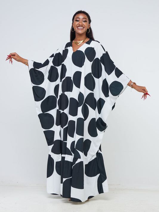 Vivo Adisa V-Neck Tiered Kaftan - Black / White Polka Dot Print