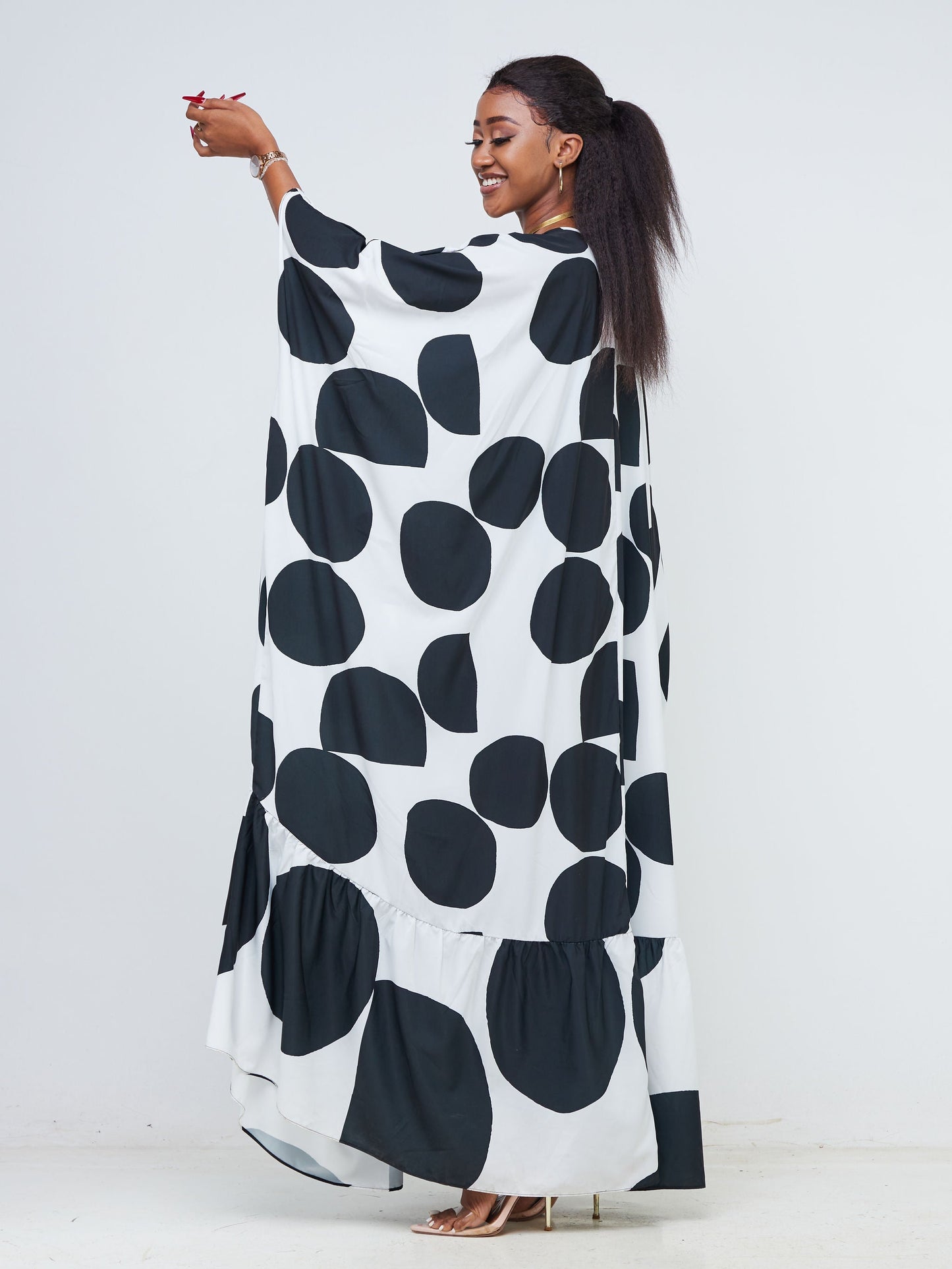 Vivo Adisa V-Neck Tiered Kaftan - Black / White Polka Dot Print