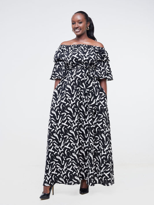 Vivo Tana Off Shoulder Maxi Dress - Black / Off White Abstract Print